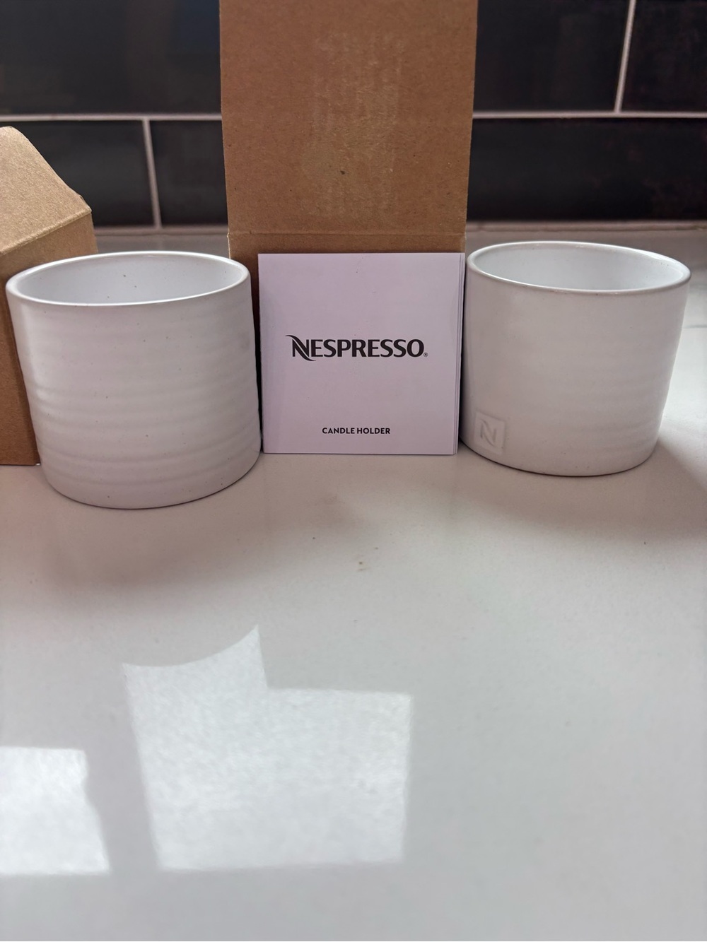Nespresso White Ceramic Candle Holder Set of 2 Round Modern Decorated New In Box